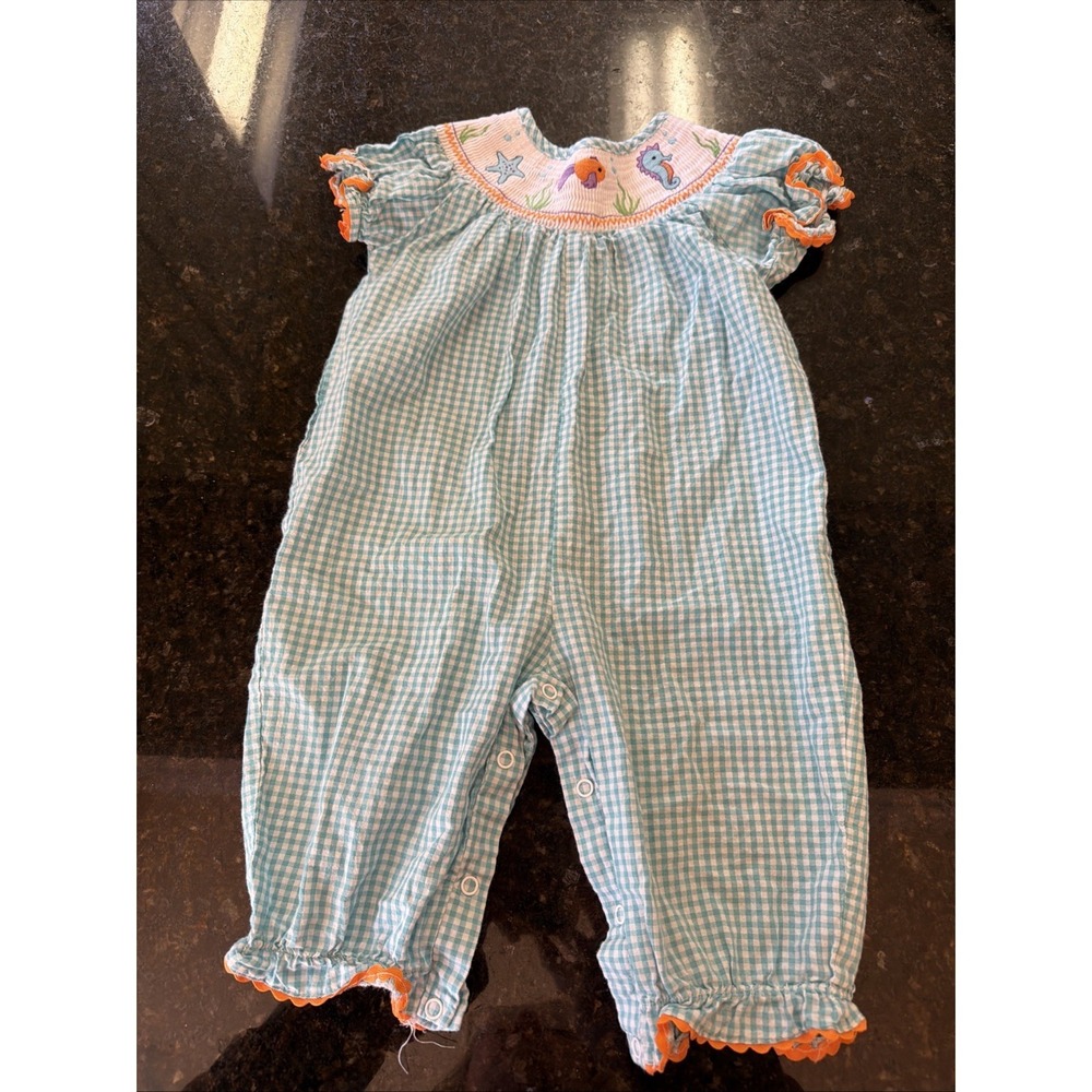 Lil Cactus Smocked Long Bubble Sz 12-18m Girls Fish Smocked Tropical Aquarium
